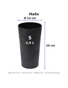 Fioriera rotonda S alta Ø14 × 26 cm effetto cemento, 2,9 L – Nero cemento 2