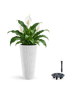 Plantenbak rond XL hoog Ø29 × 52 cm golfreliëf met bewateringssysteem – Wit