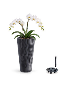 Pot haut rond XXL Ø34 × 61 cm à relief ondulé avec système d'arrosage, 37 L – Anthracite