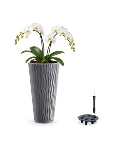 Plantenbak rond XXL hoog Ø34 × 61 cm golfreliëf met bewateringssysteem, 37 L – Grijs