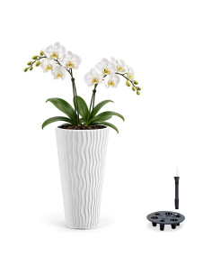 Plantenbak rond XXL hoog Ø34 × 61 cm golfreliëf met bewateringssysteem – Wit
