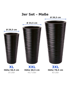 Set van 3 hoge ronde plantenbakken Ø30 × 57 + Ø35 × 69 + Ø40 × 79 cm mat – Zwart | Töpferkönig 2