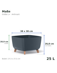 Ciotola per piante quadrata con piedini 38 × 38 × 27 cm opaca, 25 L – Antracite | Töpferkönig 2