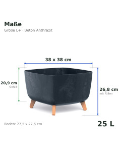 Pflanzschale eckig mit Füßen 38 × 38 × 27 cm Beton-Optik, 25 L – Beton Anthrazit | Töpferkönig 2