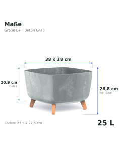 Pflanzschale eckig mit Füßen 38 × 38 × 27 cm Beton-Optik, 25 L – Beton Grau | Töpferkönig 2