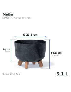 Pflanzschale rund mit Füßen Ø24 × 19 cm Beton-Optik, 5,1 L – Beton Anthrazit | Töpferkönig 2