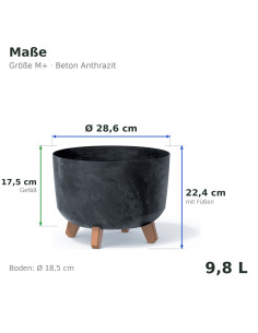 Cuenco para plantas redondo con patas Ø29 × 22 cm efecto hormigón, 9,8 L – Antracita hormigón | Töpferkönig 2