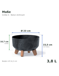Plantenschaal rond op pootjes Ø23 × 16 cm betonlook, 3,8 L – Betonantraciet | Töpferkönig 2