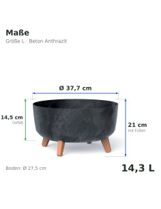 Ciotola per piante rotonda con piedini Ø38 × 21 cm effetto cemento, 14,3 L – Antracite cemento | Töpferkönig 2