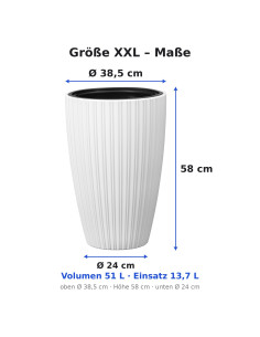 Blumenkübel rund Rillenoptik XXL hoch Ø39 × 58 cm, 51 L – Weiß | Töpferkönig 2