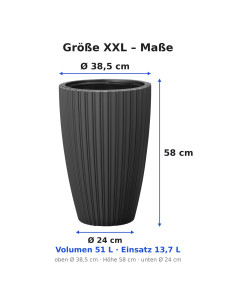 Fioriera rotonda effetto rigato XXL alta Ø39 × 58 cm, 51 L – Antracite | Töpferkönig 2