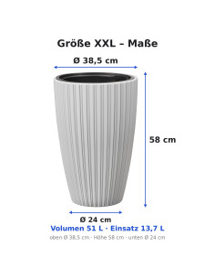Fioriera rotonda effetto rigato XXL alta Ø39 × 58 cm, 51 L – Grigio | Töpferkönig 2