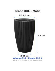 Fioriera rotonda effetto rigato XXL alta Ø39 × 58 cm, 51 L – Nero | Töpferkönig 2