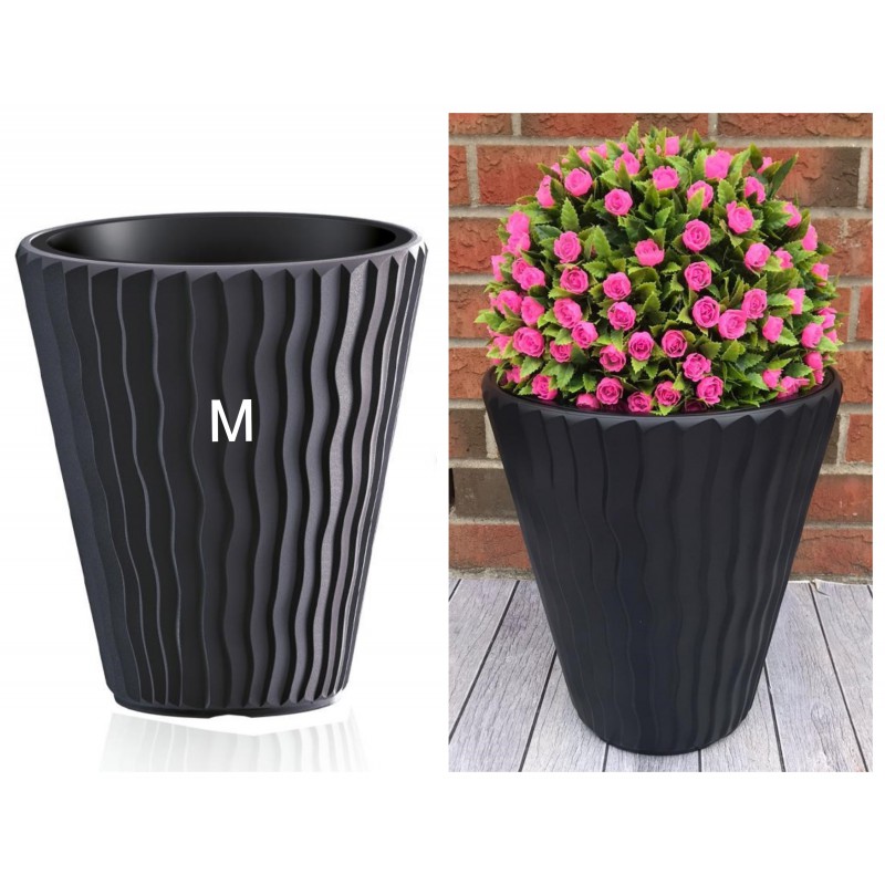 Blumenkübel mit Effekt 3D - Wellen Slim in Anthrazit mit Einsatz, M (DxH): 34 cm x 38,5 cm