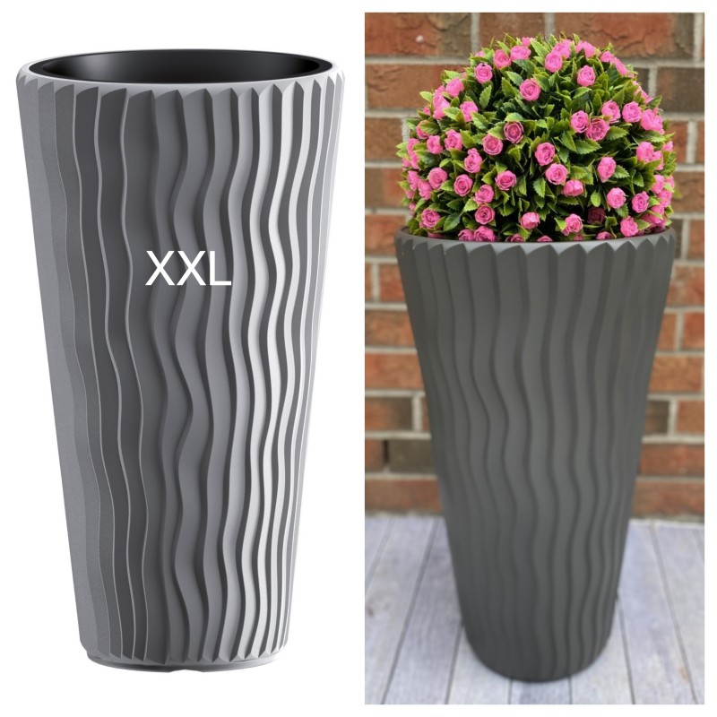 Blumenkübel mit Effekt 3D - Wellen Slim in Grau mit Einsatz, XXL (DxH): 33,5 cm x 61 cm