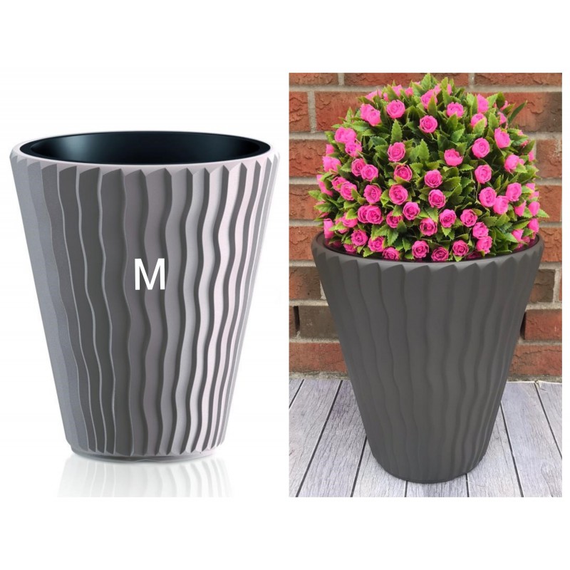 Blumenkübel mit Effekt 3D - Wellen Slim in Grau mit Einsatz, M (DxH): 34 cm x 38,5 cm