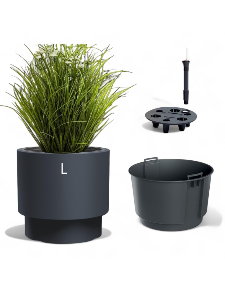 Maceta redonda L Ø30 × 28 cm mate con sistema de riego, 17 L – Antracita | Töpferkönig