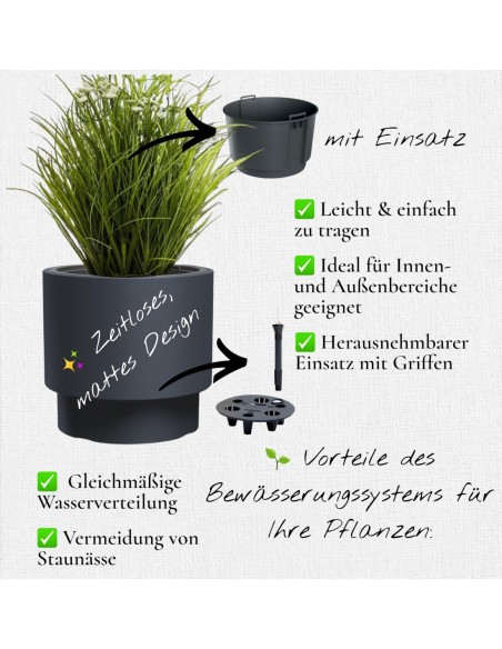Blumentopf rund L Ø30 × 28 cm Matt mit Bewässerungssystem, 17 L – Anthrazit | Töpferkönig