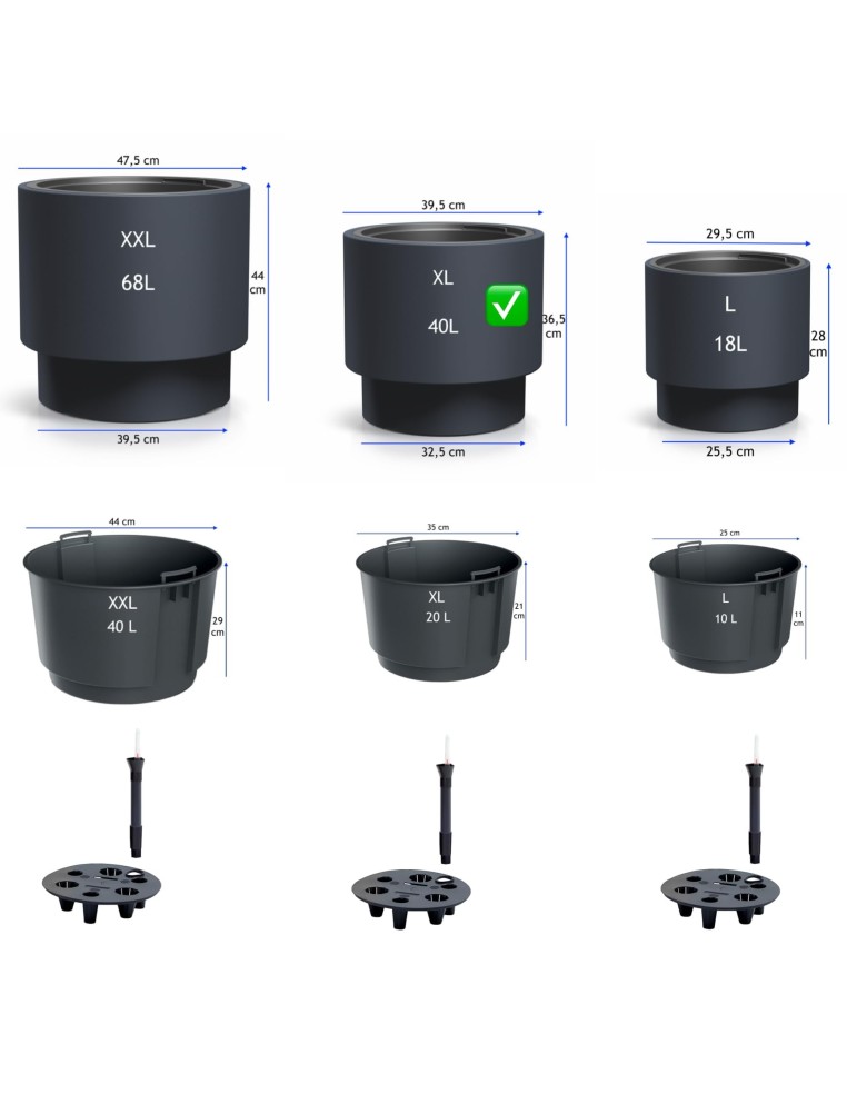 Maceta redonda XL Ø40 × 37 cm mate con sistema de riego, 40 L – Antracita | Töpferkönig