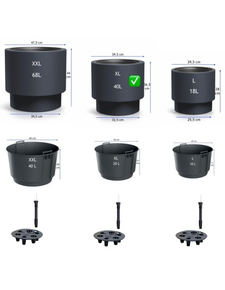 Vaso rotondo XL Ø40 × 37 cm opaco con sistema di irrigazione, 40 L – Antracite | Töpferkönig