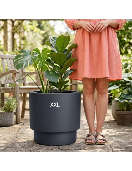 Vaso rotondo XXL Ø47 × 44 cm opaco con sistema di irrigazione, 69 L – Antracite | Töpferkönig