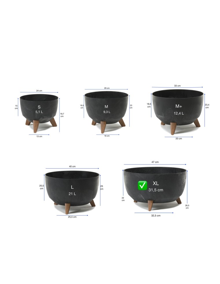 Cuenco para plantas redondo XL Ø47 × 27 cm efecto hormigón, 31,5 L – Negro hormigón | Töpferkönig
