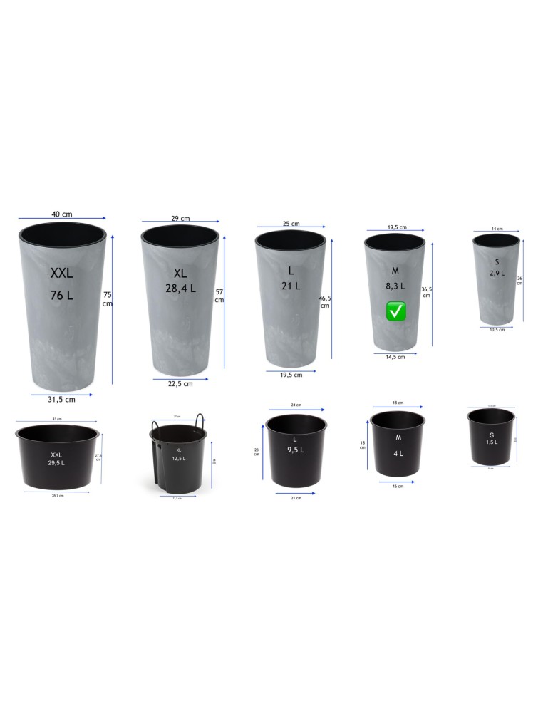 Pot haut rond M Ø20 × 37 cm aspect béton, 8,3 L – Béton gris | Töpferkönig
