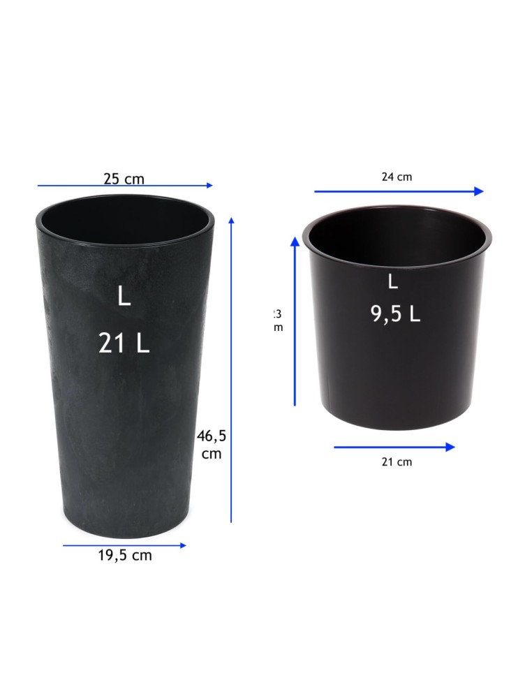 Pot haut rond L Ø25 × 47 cm aspect béton avec système d'arrosage, 21 L – Béton noir | Töpferkönig