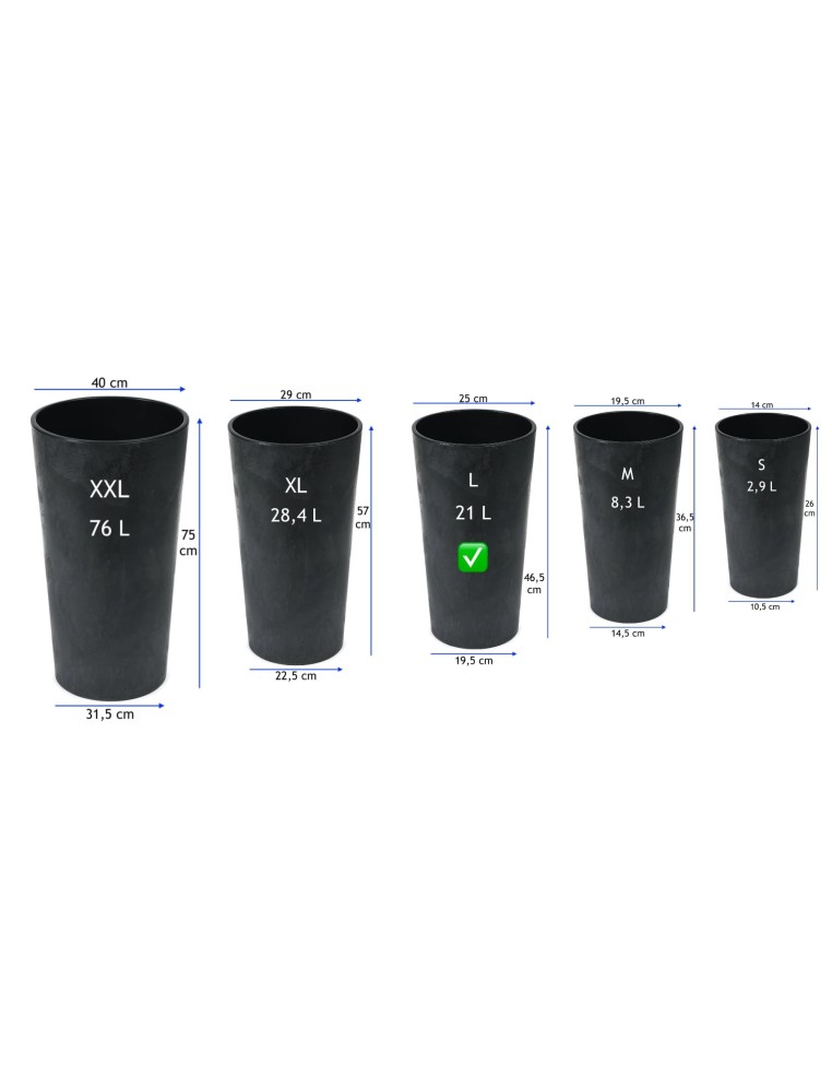 Fioriera rotonda L alta Ø25 × 47 cm effetto cemento con sistema di irrigazione, 21 L – Nero cemento | Töpferkönig