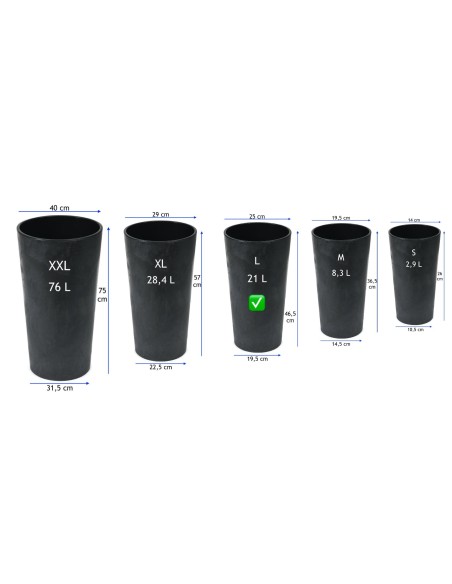 Pot haut rond L Ø25 × 47 cm aspect béton avec système d'arrosage, 21 L – Béton noir | Töpferkönig