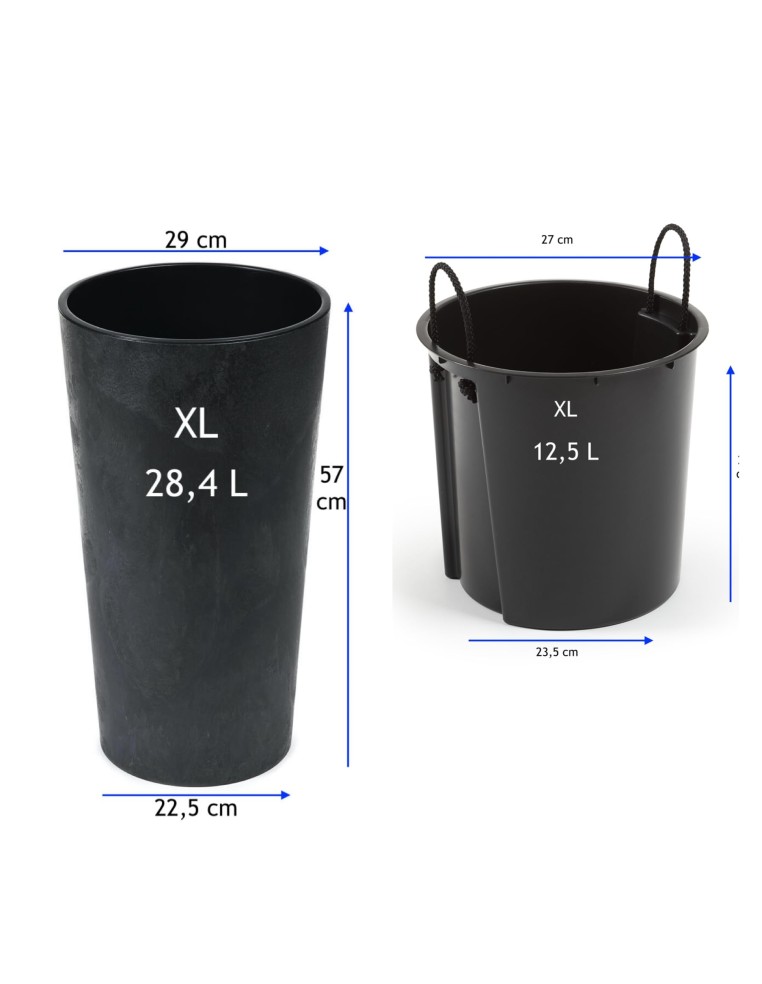 Macetero redondo XL alto Ø29 × 57 cm efecto hormigón con sistema de riego, 28,4 L – Negro hormigón | Töpferkönig