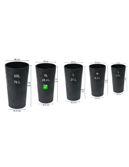 Pot haut rond XL Ø29 × 57 cm aspect béton avec système d'arrosage, 28,4 L – Béton noir | Töpferkönig