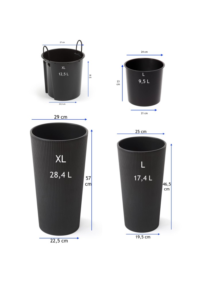 Blumenkübel-Set rund 2-teilig hoch Ø25 × 47 + Ø29 × 57 cm Matt mit Bewässerungssystem – Anthrazit | Töpferkönig