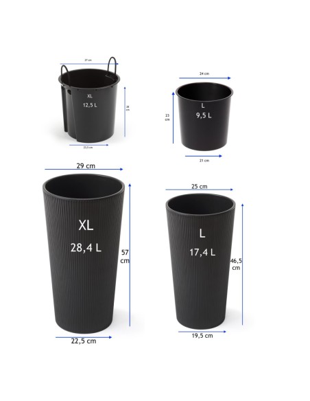 Lot de 2 pots hauts ronds Ø25 × 47 + Ø29 × 57 cm mats avec système d'arrosage – Anthracite | Töpferkönig