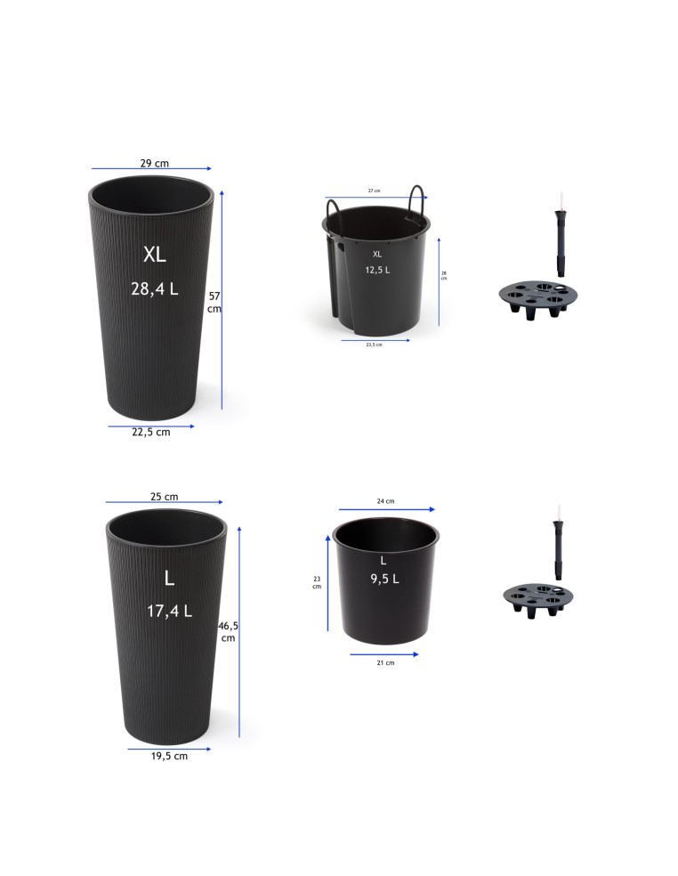 Juego de 2 maceteros redondos altos Ø25 × 47 + Ø29 × 57 cm mate con sistema de riego – Antracita | Töpferkönig