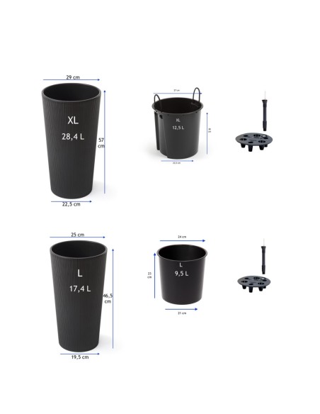 Set van 2 hoge ronde plantenbakken Ø25 × 47 + Ø29 × 57 cm mat met bewateringssysteem – Antraciet | Töpferkönig