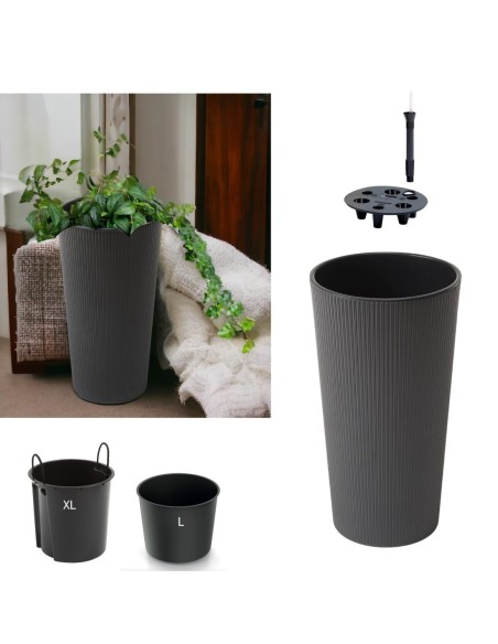 Lot de 2 pots hauts ronds Ø25 × 47 + Ø29 × 57 cm mats avec système d'arrosage – Anthracite | Töpferkönig