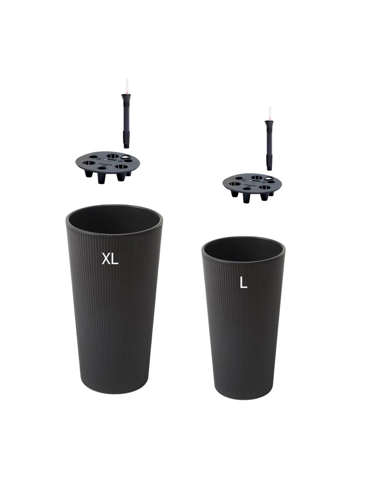 Juego de 2 maceteros redondos altos Ø25 × 47 + Ø29 × 57 cm mate con sistema de riego – Negro | Töpferkönig