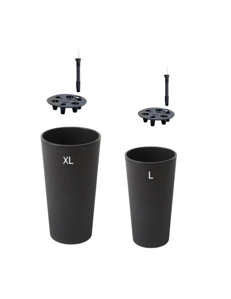 Set van 2 hoge ronde plantenbakken Ø25 × 47 + Ø29 × 57 cm mat met bewateringssysteem – Zwart | Töpferkönig