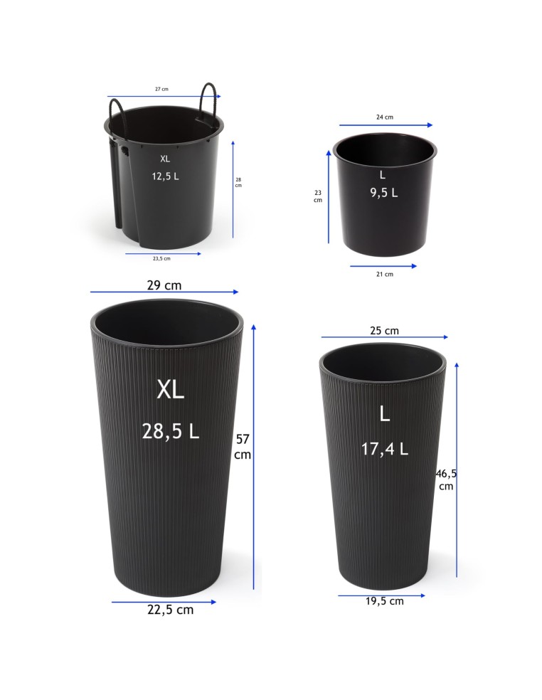 Set van 2 hoge ronde plantenbakken Ø25 × 47 + Ø29 × 57 cm mat met bewateringssysteem – Zwart | Töpferkönig