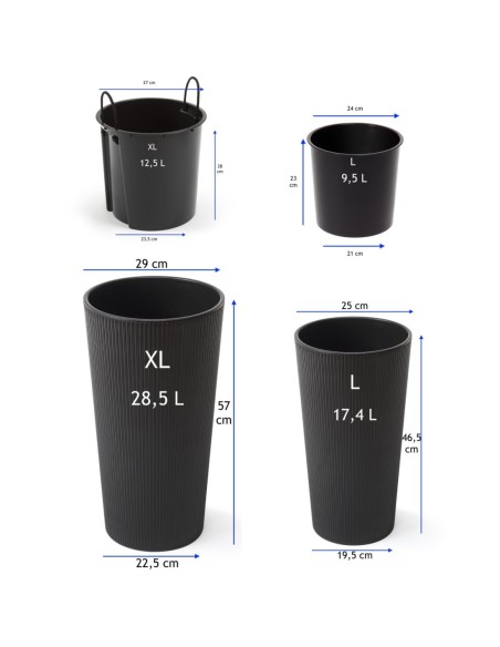 Lot de 2 pots hauts ronds Ø25 × 47 + Ø29 × 57 cm mats avec système d'arrosage – Noir | Töpferkönig