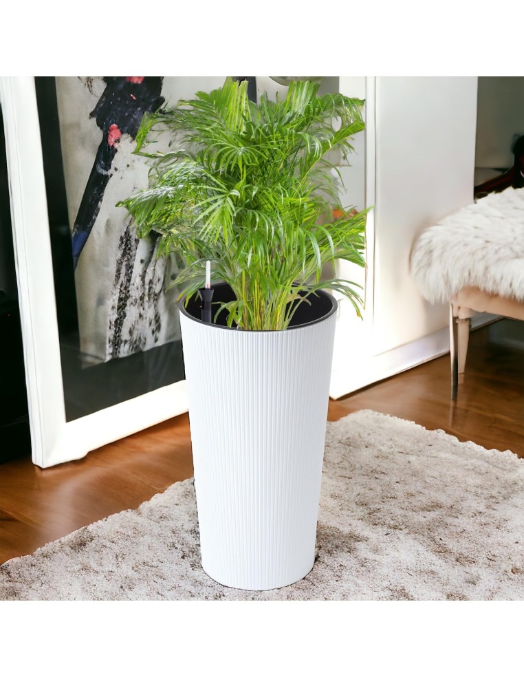 Set di 2 fioriere rotonde alte Ø25 × 47 + Ø29 × 57 cm opache con sistema di irrigazione – Bianco | Töpferkönig