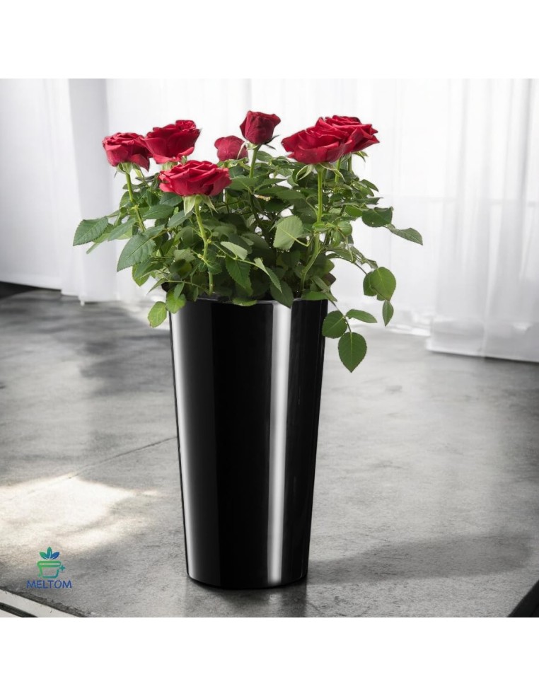Pot haut rond L Ø25 × 46 cm brillant avec système d'arrosage, 21 L – Noir | Töpferkönig