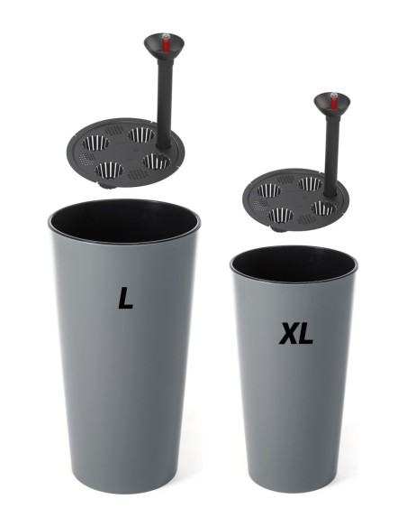 Set di 2 fioriere rotonde alte Ø25 × 47 + Ø29 × 57 cm lucide con sistema di irrigazione – Grigio | Töpferkönig