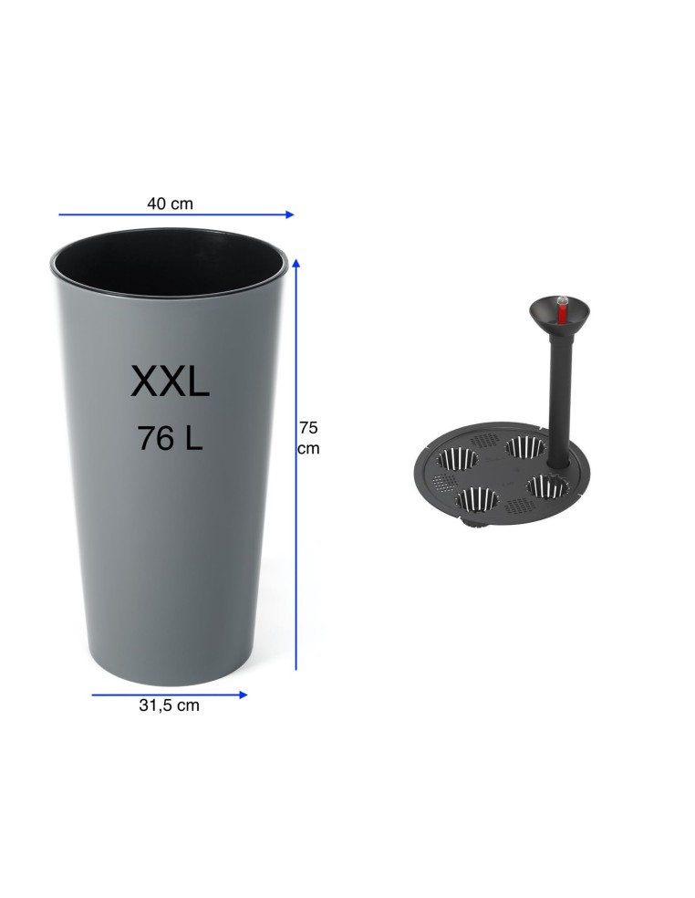Pot haut rond Ø29 × 57 cm brillant avec système d'arrosage, 28 L – Gris | Töpferkönig