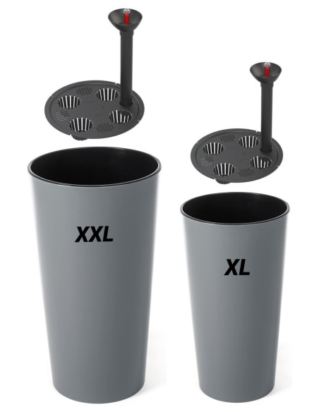 Set van 2 hoge ronde plantenbakken Ø29 × 57 + Ø40 × 75 cm hoogglans met bewateringssysteem – Grijs | Töpferkönig