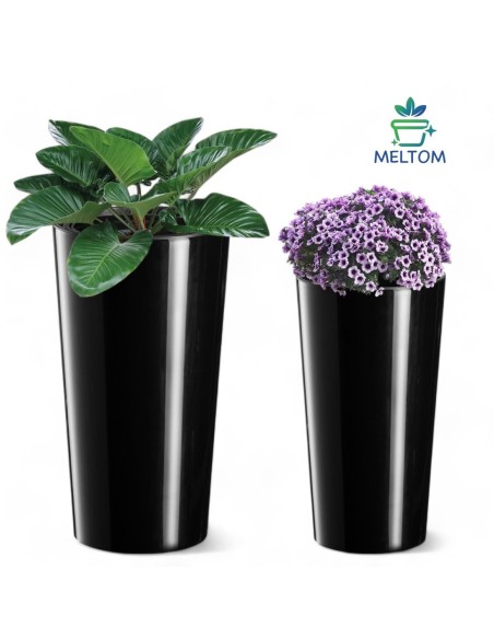 Set di 2 fioriere rotonde alte Ø29 × 57 + Ø40 × 75 cm lucide con sistema di irrigazione – Nero | Töpferkönig