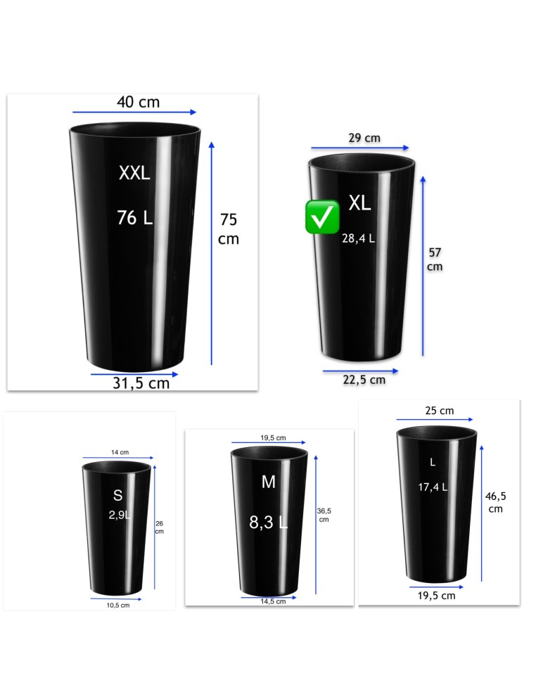 Pot haut rond XL Ø29 × 57 cm brillant, 28,4 L – Noir | Töpferkönig
