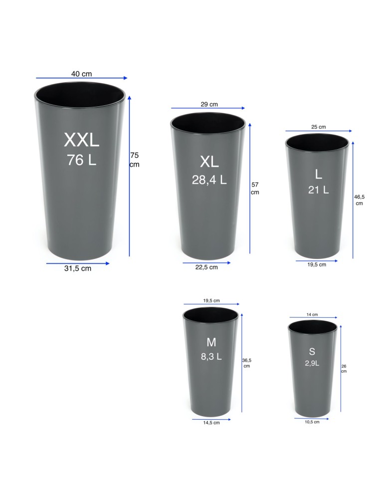 Pot haut rond XXL Ø40 × 75 cm brillant avec système d'arrosage, 76 L – Anthracite | Töpferkönig