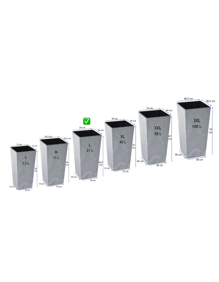 Pot haut carré L 24 × 24 × 47 cm aspect béton, 21 L – Béton gris | Töpferkönig